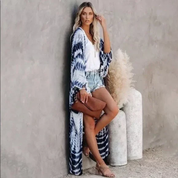 Boho Blue Tie Dye Kimono Duster Coverup - Picture 7 of 13